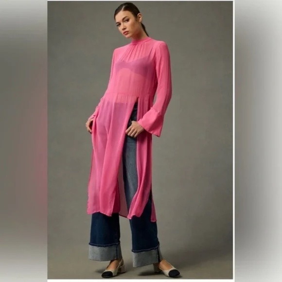 NWT Anthropologie Pink Sheer Tunic Large Petite - Picture 1 of 8